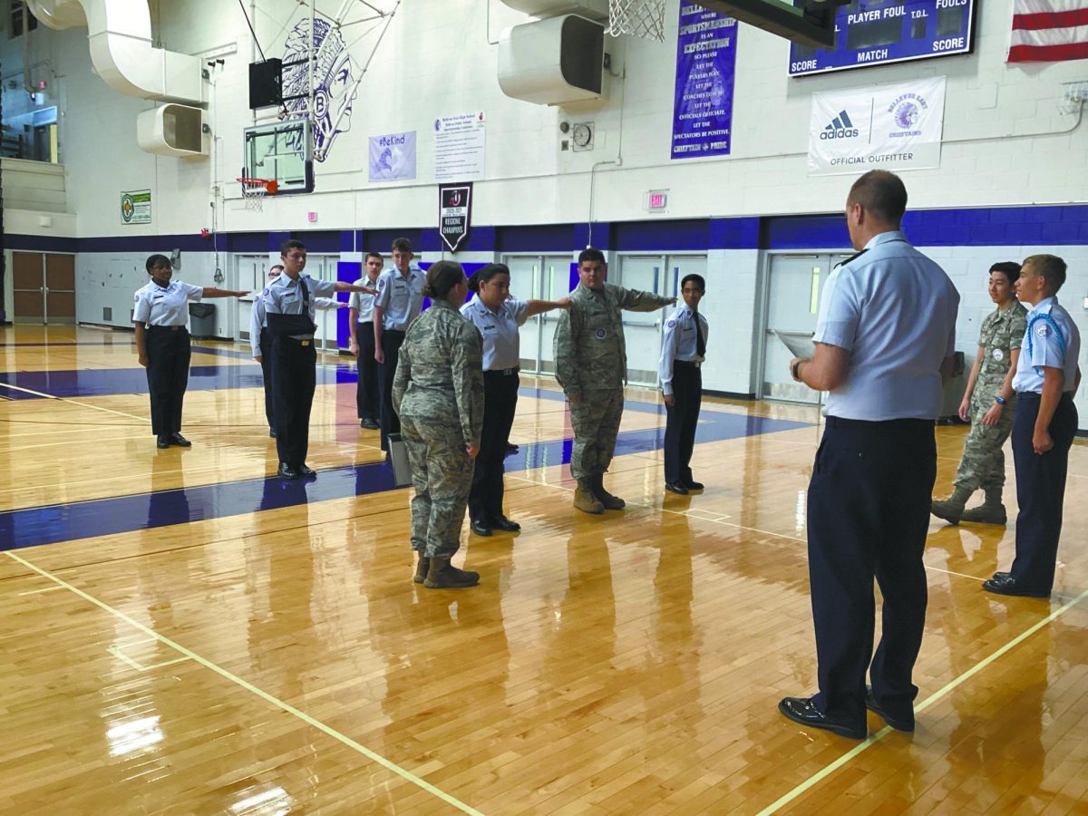 Inspection time. As part of their class, AFJROTC students undergo an inspection. For upperclassmen, their inspection is conducted by Lt. Col. Brian Yates. For underclassmen, their inspection is conducted by Master Sgt. William Ickes.