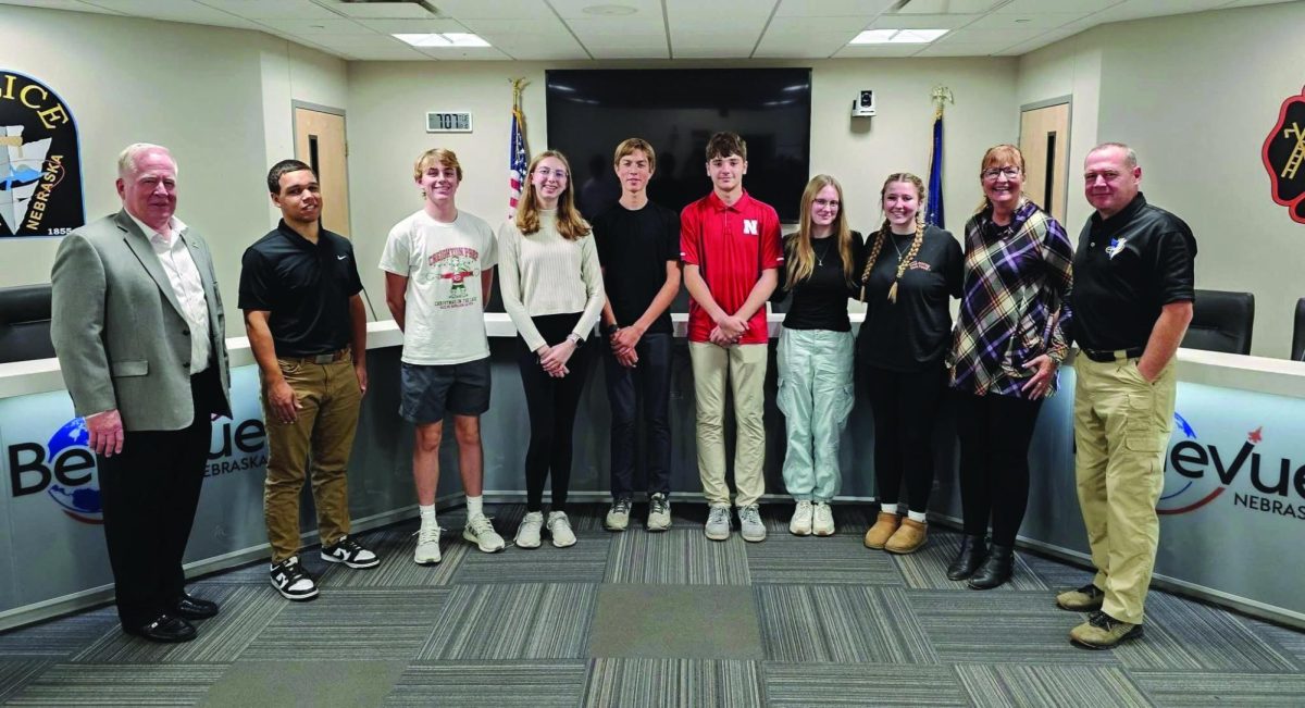 Greatness in the making. Members of the inaugural Mayor’s Youth Council from left to right are Bellevue Mayor Rusty Hike, Merrick Hobbs, BenJamin Nicola, Victoria Bogatz, Timothy Bogatz, Henry Gregor, Gabrielle Shuster, Tessa Pointer, Councilwoman Kathy Welch, and Police Chief Kenneth Cleary. Meetings are held at the Bellevue City Council Chambers. “Our goal as the Mayor’s Youth Council is to bring another generation of voices and ideas to our community,” freshman Tim Bogatz said. 
