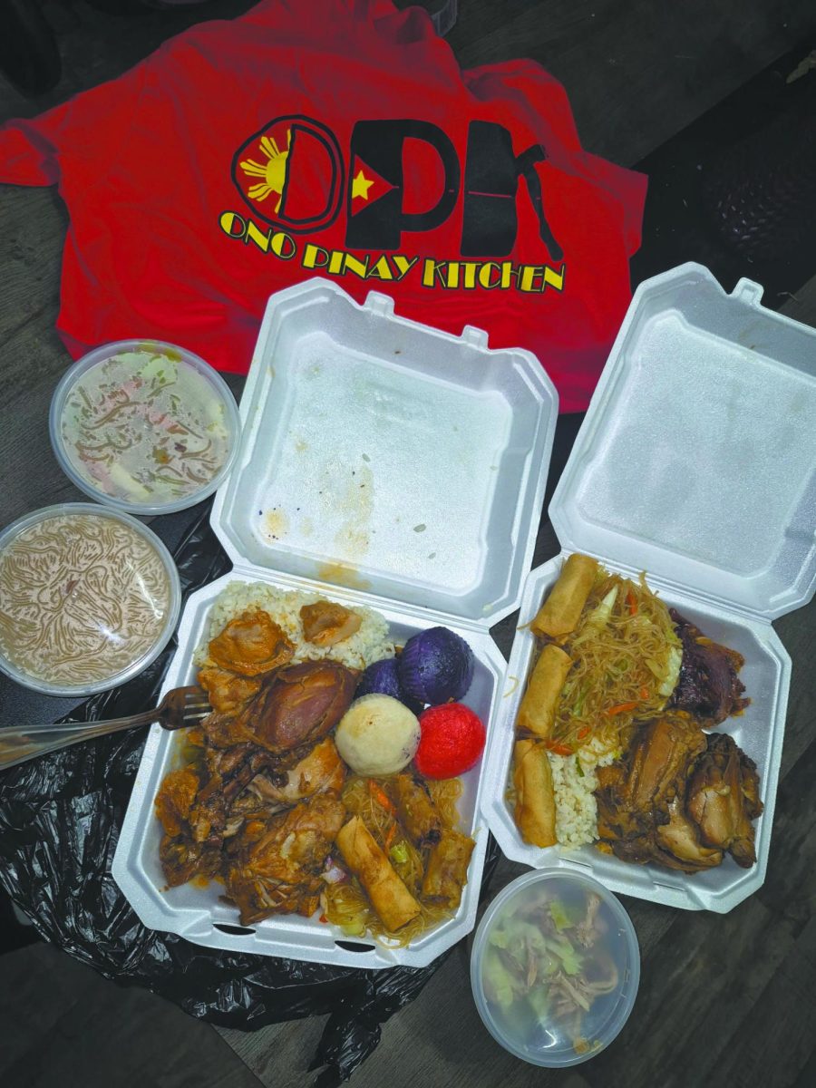 Popular choices. Above are two popular plates from Ono Pinay’s Kitchen (OPK), with two pancit noodle containers on the left, soft baked goods in the middle, and a plate of chicken adobo on the right. “Even though we serve that on a daily basis, that’s what they [customers] like, which is usually what we have the most of,” Maria Villegas, owner of OPK, said. 