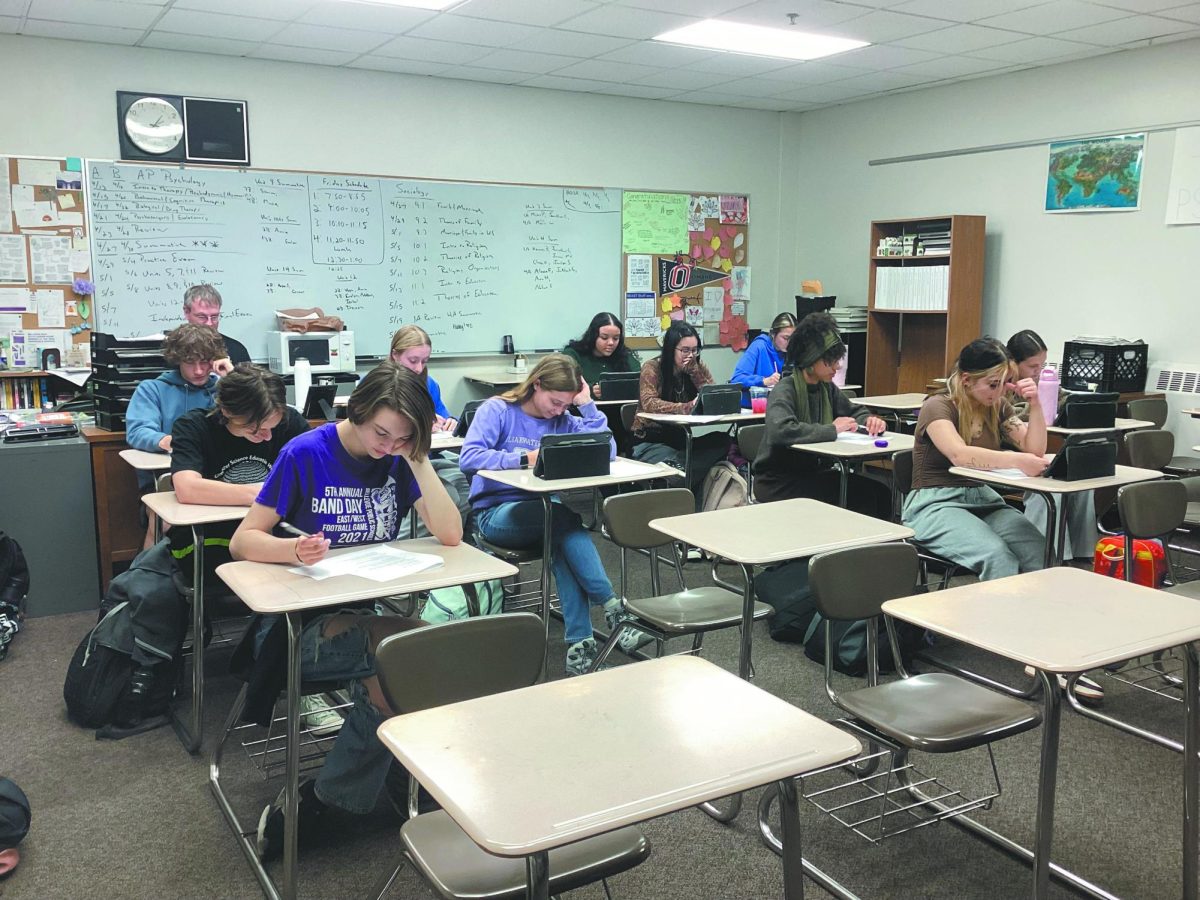 Locked in. Students in AP Psychology participate in a review Kahoot game. This is meant to help them recall key terms from the class before. “I don’t think people should be deterred from taking the AP,” instructor Shane Peterson said. “I think that if you’re planning on going to college and that’s your future, why would you not take an AP class?” 