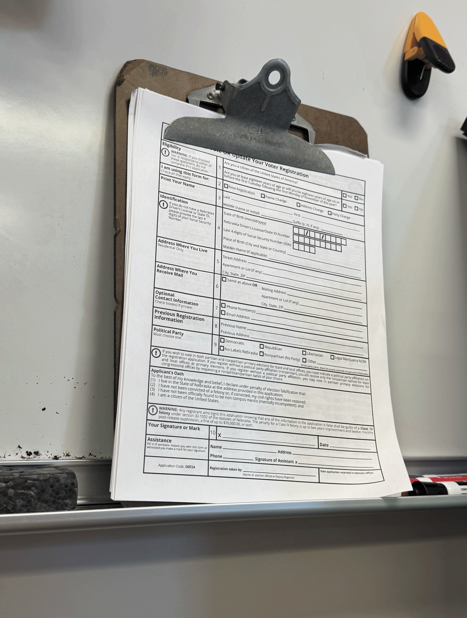 Register. On the whiteboard in the front of her classroom, instructor Rebekah Sidzyik keeps a voter registration form for eligible students. The federal Department of Justice requested data on registered Nebraska voters such as names, dates of birth, and the last 4 digits of Social Security numbers with the federal Department of Justice. “The [Nebraska] Attorney General advised that this was a lawful request that we ought to honor,” Secretary of State Robert Evnen said. 
